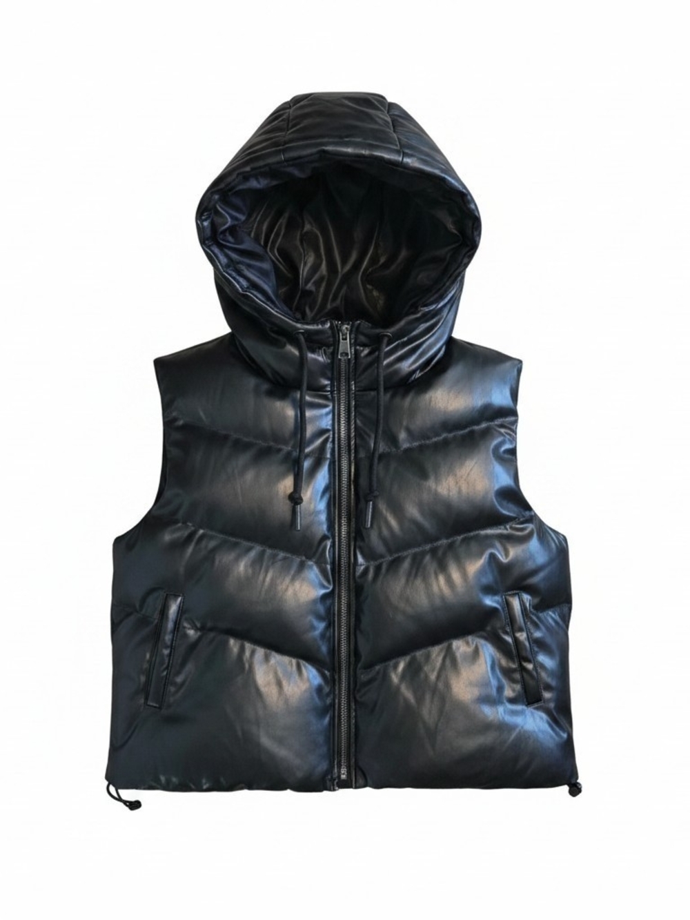 easel Black Hooded Puffer Vest with Leather-Look Finish